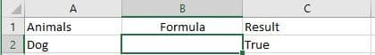 A
B
1 Animals
2 Dog
Formula
Result
True
