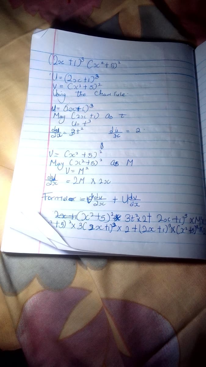 V = Coc2 + 5)
Ubrng the Chat Iucle:
May C22c t1) as t
U= t3
del
2.
V= Cx² +5)?
May (oc2+6)? as M
V= M²
-2M x 20c
Formular =eu
