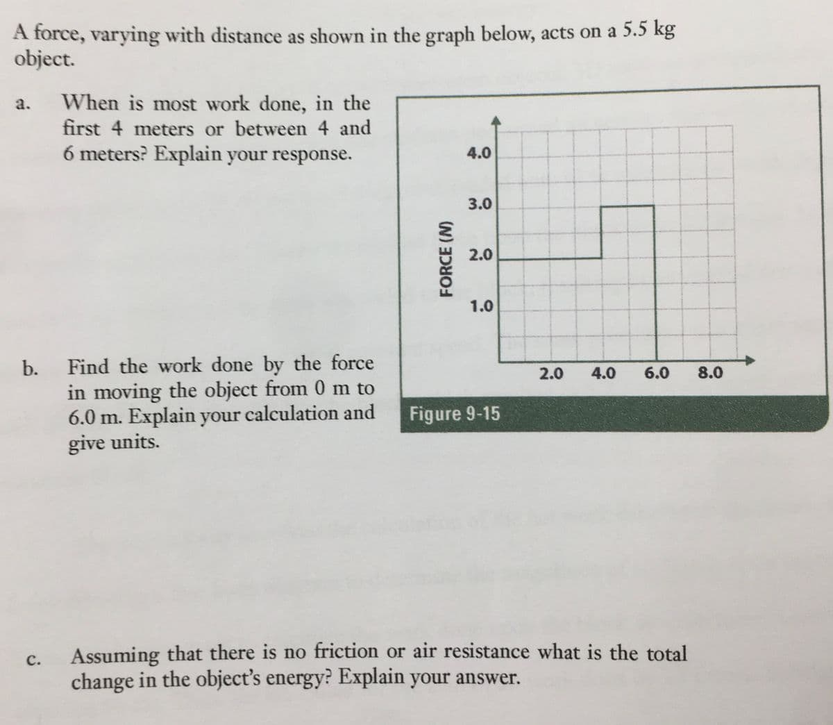 A force, varying with distance as shown in the graph below, acts on a 5.5 kg
object.
When is most work done, in the
first 4 meters or between 4 and
6 meters? Explain your response.
4.0
3.0
2.0
1.0
2.0 4.0 6.0 8.0
Find the work done by the force
in moving the object from 0 m to
6.0 m. Explain your calculation and
give units.
Figure 9-15
C.
Assuming that there is no friction or air resistance what is the total
change in the object's energy? Explain your answer.
b.
FORCE (N)