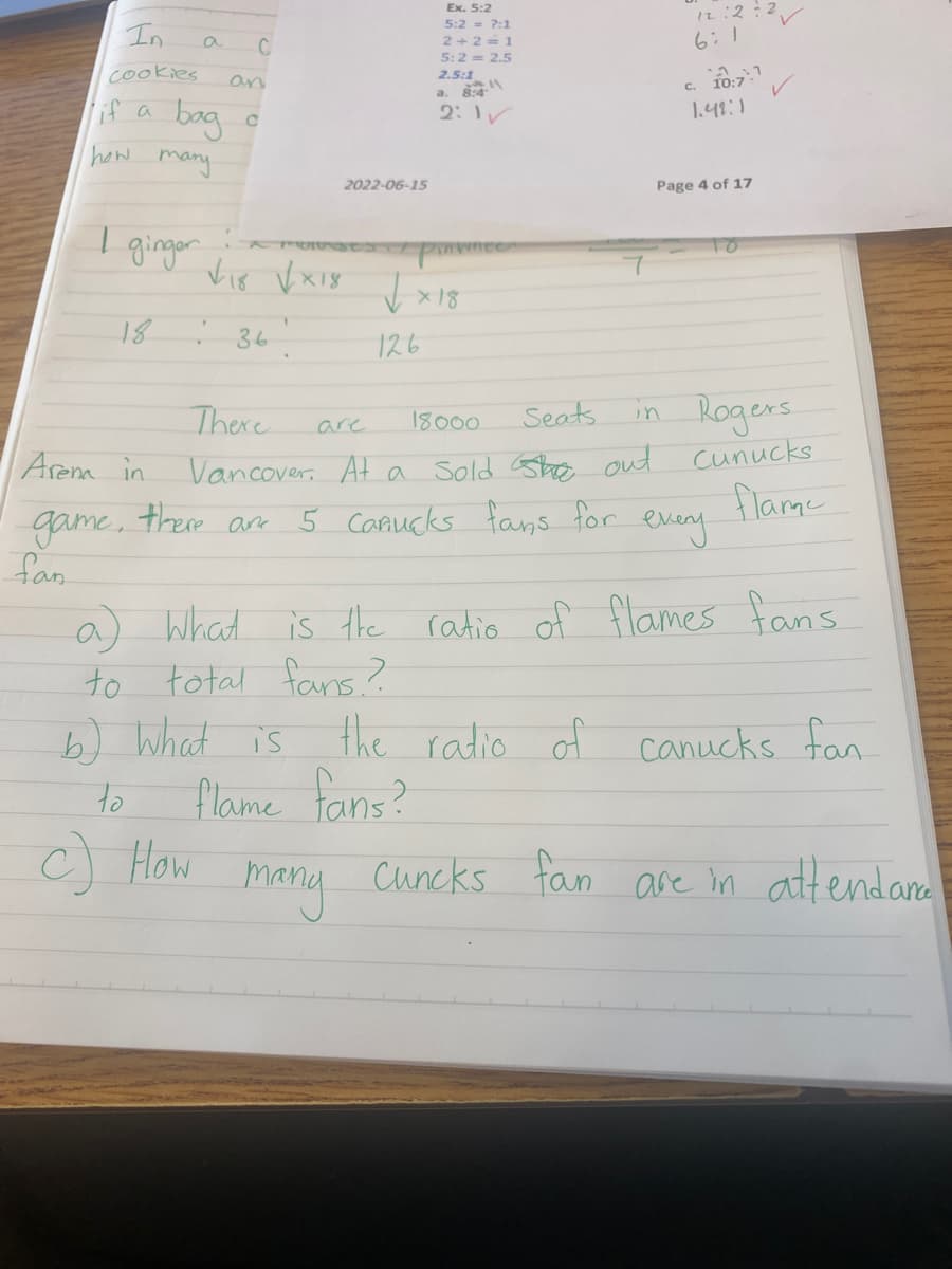 In
cookies
if a bag
how many
fan
18
a
Arena in
game.
C
an
there
C
1 gingen ✓₁8 √x18 √√x18
126
36
2022-06-15
Ex. 5:2
5:2= 7:1
2+2=1
5:2 = 2.5
2.5:1
2:1✓
Oure
12:22
6:1
10:7:1
1.42:1
There
are
18000
Seats
in Rogers
Vancover. At a Sold she out cunucks
5 Canucks fans for
flame
every
a) What is the ratio of flames fans.
to total fans?
Page 4 of 17
TO
b) What is the ratio of canucks fan
flame fans?
to
c) How
many
Cuncks fan are in attendance