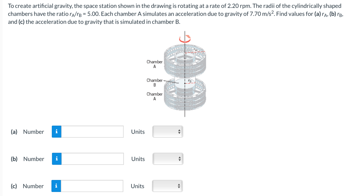 To create artificial gravity, the space station shown in the drawing is rotating at a rate of 2.20 rpm. The radii of the cylindrically shaped
chambers have the ratio rA/B = 5.00. Each chamber A simulates an acceleration due to gravity of 7.70 m/s². Find values for (a) rÃ, (b) rá,
and (c) the acceleration due to gravity that is simulated in chamber B.
(a) Number
(b) Number i
(c) Number
MO
Units
Units
Units
Chamber
A
Chamber
B
Chamber
A
"
◄►