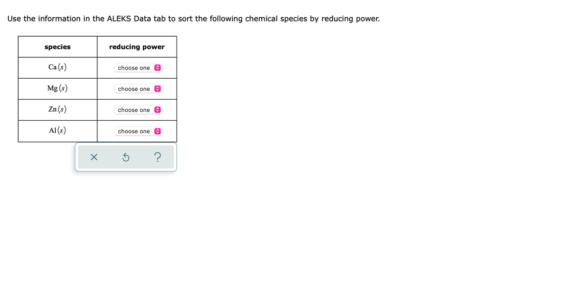 Use the information in the ALEKS Data tab to sort the following chemical species by reducing power.
species
reducing power
Ca (s)
choose one
Mg (s)
choose one
Zn (s)
choose one
Al (s)
choose one
