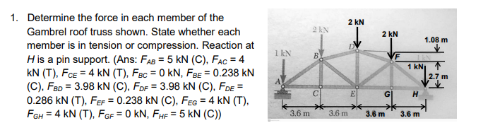 1. Determine the force in each member of the
Gambrel roof truss shown. State whether each
member is in tension or compression. Reaction at
H is a pin support. (Ans: FAB=5 KN (C), FAC = 4
KN (T), FCE = 4 KN (T), FBC = 0 KN, FBE = 0.238 KN
(C), FBD = 3.98 KN (C), FDF = 3.98 KN (C), FDE =
0.286 KN (T), FEF = 0.238 KN (C), FEG = 4 KN (T),
FGH = 4 KN (T), FGF = 0 KN, FHF = 5 kN (C))
1 kN
3.6 m
2 kN
2 kN
3.6 m
2 kN
G
3.6 m
1 kN
1.08 m
1 kN₁
H
3.6 m
2.7 m