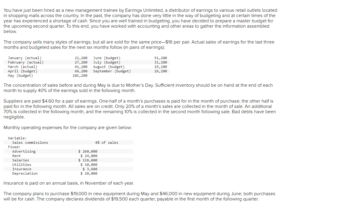 ### Case Study: Budgeting for Earnings Unlimited

#### Introduction

You have just been hired as a new management trainee by Earnings Unlimited, a distributor of earrings to various retail outlets located in shopping malls across the country. In the past, the company has done very little in the way of budgeting and at certain times of the year has experienced a shortage of cash. Since you are well trained in budgeting, you have decided to prepare a master budget for the upcoming second quarter. To this end, you have worked with accounting and other areas to gather the information assembled below.

#### Sales Data

The company sells many styles of earrings, but all are sold for the same price—$16 per pair. Actual sales of earrings for the last three months and budgeted sales for the next six months follow (in pairs of earrings):

| Month         | Sales (pairs) |
|---------------|---------------|
| January (actual)  | 21,200      |
| February (actual) | 27,200      |
| March (actual)    | 41,200      |
| April (budget)    | 66,200      |
| May (budget)      | 101,200     |
| June (budget)     | 51,200      |
| July (budget)     | 31,200      |
| August (budget)   | 29,200      |
| September (budget)| 26,200      |

#### Inventory Management

The concentration of sales before and during May is due to Mother's Day. Sufficient inventory should be on hand at the end of each month to supply 40% of the earrings sold in the following month.

#### Supplier Payments and Sales Collection

Suppliers are paid $4.60 for a pair of earrings. One-half of a month’s purchases is paid for in the month of purchase; the other half is paid for in the following month. All sales are on credit. Only 20% of a month’s sales are collected in the month of sale. An additional 70% is collected in the following month, and the remaining 10% is collected in the second month following sale. Bad debts have been negligible.

#### Monthly Operating Expenses

Monthly operating expenses for the company are given below:

- **Variable:**
  - Sales commissions: 4% of sales

- **Fixed:**
  - Advertising: $260,000
  - Rent: $24,000
  - Salaries: