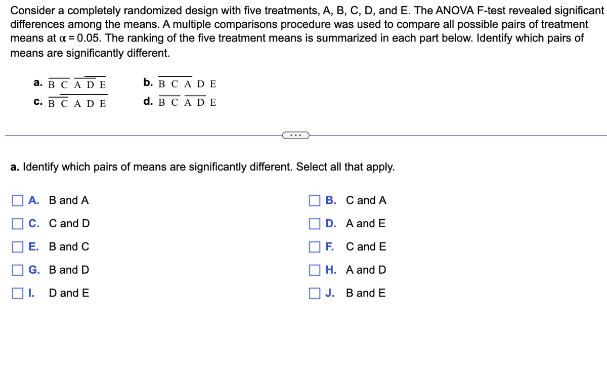 Consider a completely randomized design with five treatments, A, B, C, D, and E. The ANOVA F-test revealed significant
differences among the means. A multiple comparisons procedure was used to compare all possible pairs of treatment
means at x = 0.05. The ranking of the five treatment means is summarized in each part below. Identify which pairs of
means are significantly different.
a. BCA DE
C. B C A DE
U
a. Identify which pairs of means are significantly different. Select all that apply.
b. B CADE
d. B C A DE
A. B and A
C. C and D
E. B and C
G. B and D
I. D and E
B. C and A
D. A and E
F.
C and E
H. A and D
B and E
J.