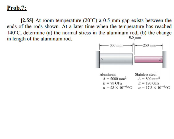 Prob.7:
[2.55] At room temperature (20°C) a 0.5 mm gap exists between the
ends of the rods shown. At a later time when the temperature has reached
140°C, determine (a) the normal stress in the aluminum rod, (b) the change
in length of the aluminum rod.
0.5 mm
300 mm
250 mm
В
Aluminum
A = 2000 mm
E = 75 GPa
a = 23 x 10-6°C a = 17.3 × 10-6PC
Stainless steel
A = 800 mm2
E = 190 GPa
