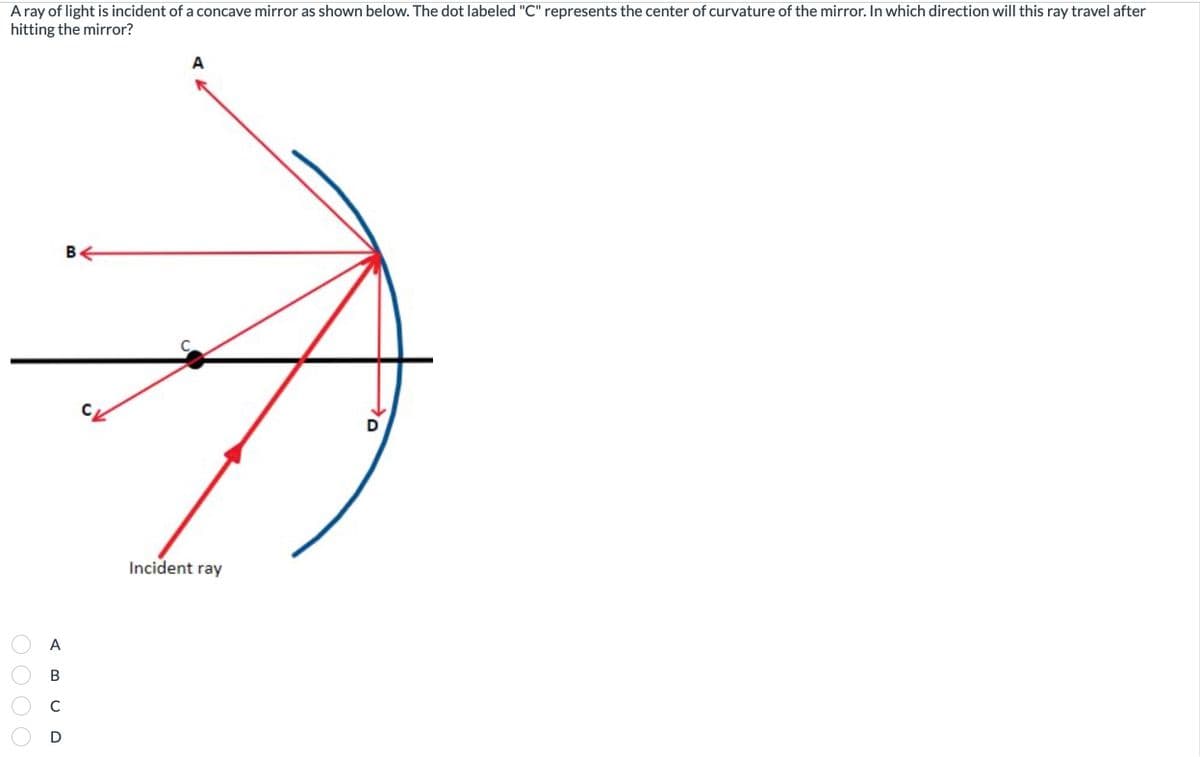 A ray of light is incident of a concave mirror as shown below. The dot labeled "C" represents the center of curvature of the mirror. In which direction will this ray travel after
hitting the mirror?
A
B
C
D
B←
A
Incident ray