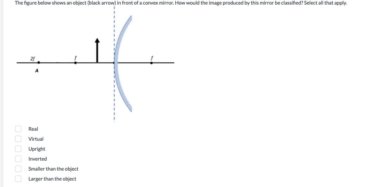 The figure below shows an object (black arrow) in front of a convex mirror. How would the image produced by this mirror be classified? Select all that apply.
2f
A
Real
Virtual
Upright
Inverted
Smaller than the object
Larger than the object