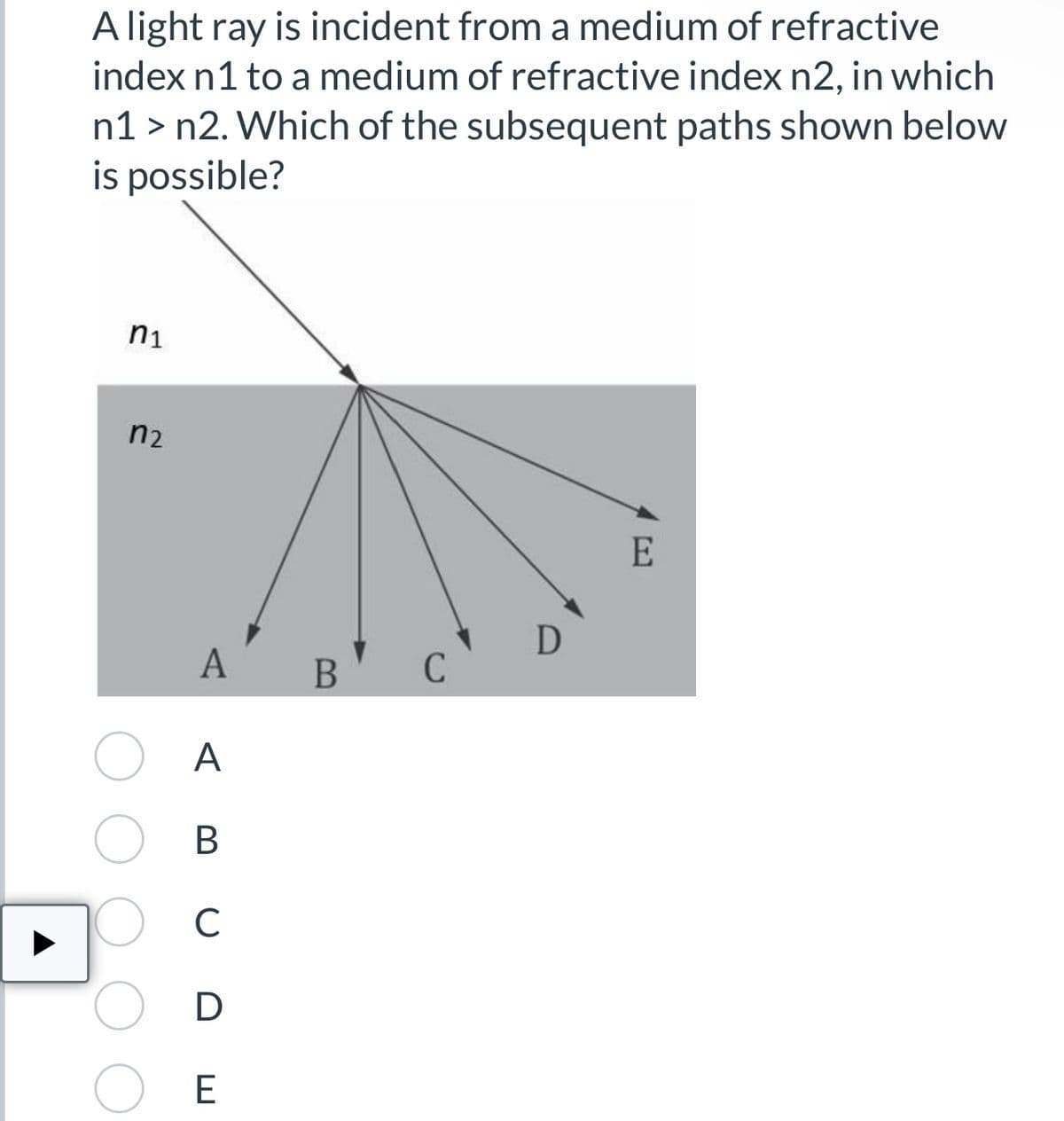 A light ray is incident from a medium of refractive
index n1 to a medium of refractive index n2, in which
n1 > n2. Which of the subsequent paths shown below
is possible?
n1
n₂
A B
A
B
с
D
E
C
D
E