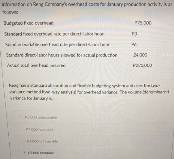 Information on Reng Company's overhead costs for January production activity is as
follows:
Budgeted fixed overhead
P75,000
Standard fixed overhead rate per direct-labor hour
P3
Standard variable overhead rate per direct-labor hour
P6
Standard direct-labor hours allowed for actual production
24,000
Actual total overhead incurred
P220,000
Reng has a standard absorption and flexible budgeting system and uses the two-
variance method (two-way analysis) for overhead variance. The volume (denominator)
variance for January is:
P3,000 unfavorable
P4,000 favorable
P4,000 unfavorable
O P3,000 favorable
