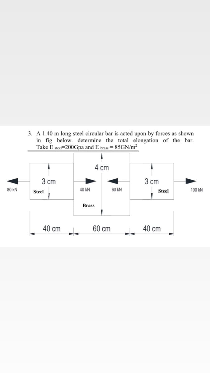 3. A 1.40 m long steel circular bar is acted upon by forces as shown
in fig below. determine the total elongation of the bar.
Take E steel=200Gpa and E brass = 85GN/m²
4 cm
3 ст
3 ст
40 kN
60 kN
Steel
100 kN
80 kN
Steel
Brass
40 cm
60 cm
40 cm
