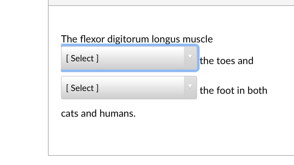 The flexor digitorum longus muscle
[ Select ]
the toes and
[ Select ]
the foot in both
cats and humans.
