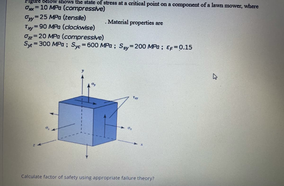 Figure below shows the state of stress at a critical point on a component of a lawn mower, where
Ox = 10 MPa (compressive)
Oy=25 MPa (tensile)
=90 MPa (clockwise)
%3D
Material properties are
Txy=
0z=20 MPa (compressive)
Syt = 300 MPa ; Syc= 600 MPa; Ssy=200 MPa; EF=0.15
%3D
%3D
Tay
Calculate factor of safety using appropriate failure theory?
