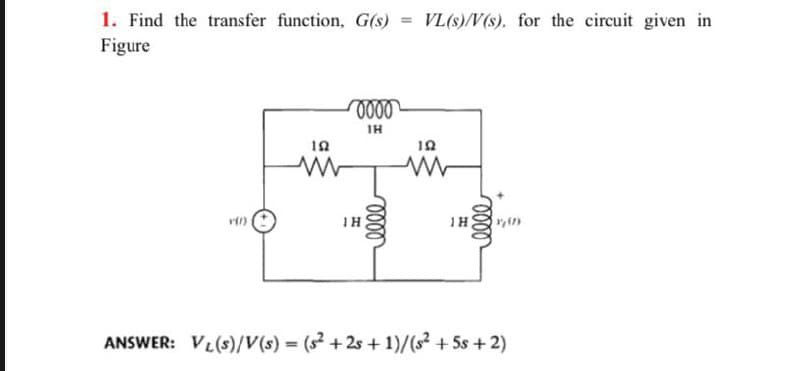 1. Find the transfer function, G(s)
Figure
v(n)
ΤΩ
0000
IH
H
0000
VL(s)/V(s). for the circuit given in
192
www W
1H
elle
ANSWER: VL(S)/V(s) = (s²+2s +1)/(s² + 5s + 2)