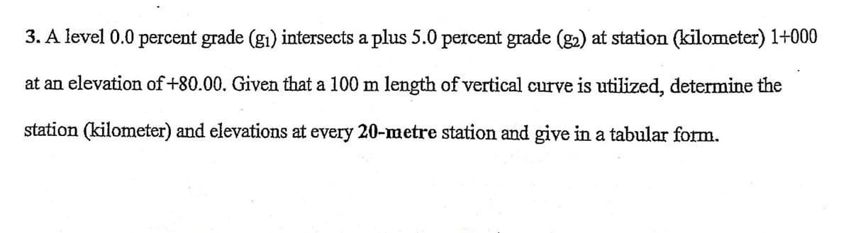 3. A level 0.0 percent grade (g₁) intersects a plus 5.0 percent grade (g₂) at station (kilometer) 1+000
at an elevation of +80.00. Given that a 100 m length of vertical curve is utilized, determine the
station (kilometer) and elevations at every 20-metre station and give in a tabular form.