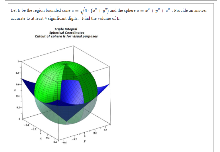 Let E be the region bounded cone z =
6 - (22 + y) and the sphere z = a² + y? + z? . Provide an answer
accurate to at least 4 significant digits. Find the volume of E.
Triple Integral
Spherical Coordinates
Cutout of sphere is for visual purposes
02-
-04
02
02
