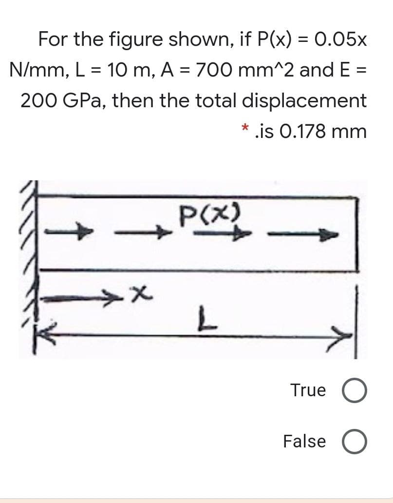 For the figure shown, if P(x) = 0.05x
N/mm, L = 10 m, A = 700 mm^2 and E =
200 GPa, then the total displacement
.is 0.178 mm
P(x)
True
False O
