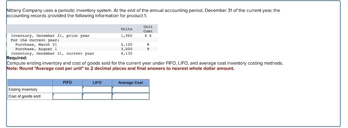 Nittany Company uses a periodic inventory system. At the end of the annual accounting period, December 31 of the current year, the
accounting records provided the following information for product 1:
Inventory, December 31, prior year
For the current year:
Purchase, March 21
Purchase, August 1
Inventory, December 31, current year
Required:
Units
Unit
Cost
1,960
$ 6
5,120
B
3,000
4,130
9
Compute ending inventory and cost of goods sold for the current year under FIFO, LIFO, and average cost inventory costing methods.
Note: Round "Average cost per unit" to 2 decimal places and final answers to nearest whole dollar amount.
Ending inventory
Cost of goods sold
FIFO
LIFO
Average Cost