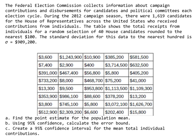 The Federal Election Commission collects information about campaign
contributions and disbursements for candidates and political committees each
election cycle. During the 2012 campaign season, there were 1,619 candidates
for the House of Representatives across the United States who received
contributions from individuals. The table shows the total receipts from
individuals for a random selection of 40 House candidates rounded to the
nearest $100. The standard deviation for this data to the nearest hundred is
o = $909, 200.
$3,600 $1,243,900 $10,900 $385,200
$7,400 $2,900
$391,000 $467,400 $56,800 $5,800
$733,200 $8,000
$13,300 $9,500
$353,900 $986,100 $88,600 $378,200 $13,200
$3,800 $745,100 $5,800 $3,072,100 $1,626,700
$512,900 $2,309,200 $6,600
$581,500
$3,714,500 $632,500
$400
$405,200
$41,000
$953,800 $1,113,500 $1,109,300
$468,700 $75,200
$202,400 $15,800
a. Find the point estimate for the population mean.
b. Using 95% confidence, calculate the error bound.
c. Create a 95% confidence interval for the mean total individual
contributions.
