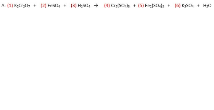 A. (1) K2Cr207 + (2) FeSO:
(3) H2SO4 → (4) Cr2{SO4)3 + (5) Fe2(SO4)3 + (6) K2SO4
H20
