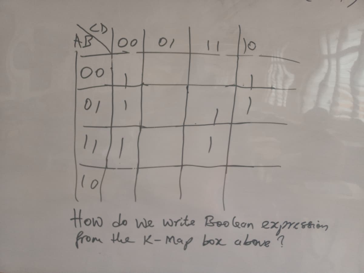 CD
AB
00
01
00
01
10
How do we write Bookon exme stin
from the K-Map box above?
