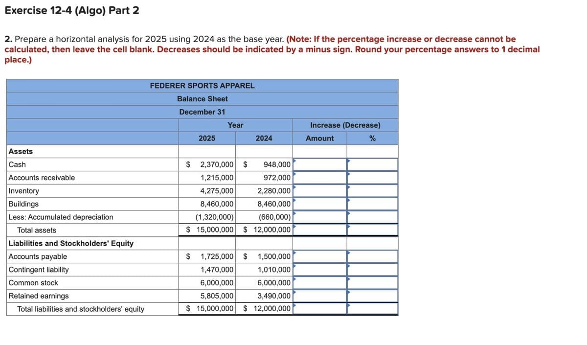 Exercise 12-4 (Algo) Part 2
2. Prepare a horizontal analysis for 2025 using 2024 as the base year. (Note: If the percentage increase or decrease cannot be
calculated, then leave the cell blank. Decreases should be indicated by a minus sign. Round your percentage answers to 1 decimal
place.)
Assets
Cash
Accounts receivable
Inventory
Buildings
Less: Accumulated depreciation
Total assets
Liabilities and Stockholders' Equity
Accounts payable
Contingent liability
Common stock
Retained earnings
Total liabilities and stockholders' equity
FEDERER SPORTS APPAREL
Balance Sheet
December 31
$
2025
$
Year
2,370,000 $
948,000
1,215,000
972,000
4,275,000
2,280,000
8,460,000
8,460,000
(1,320,000)
(660,000)
$ 15,000,000 $ 12,000,000
2024
1,725,000 $ 1,500,000
1,470,000
1,010,000
6,000,000
6,000,000
5,805,000
3,490,000
$ 15,000,000 $ 12,000,000
Increase (Decrease)
Amount
%