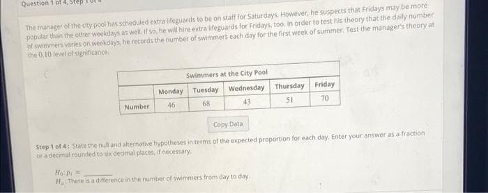 Question 1 of 4, Step
The manager of the city pool has scheduled extra lifeguards to be on staff for Saturdays. However, he suspects that Fridays may be more
popular than the other weekdays as well. If so, he will hire extra lifeguards for Fridays, too, In order to test his theory that the daily number
of swimmers varies on weekdays, he records the number of swimmers each day for the first week of summer. Test the manager's theory at
the 0.10 level of significance
Swimmers at the City Pool
Monday Tuesday Wednesday Thursday
Friday
Number
46
68
43
51
70
Copy Data
Step 1 of 4: State the null and alternative hypotheses in terms of the expected proportion for each day. Enter your answer as a fraction
or a decimal rounded to six decimal places, if necessary.
Ho P=
H There is a difference in the number of swimmers from day to day.
