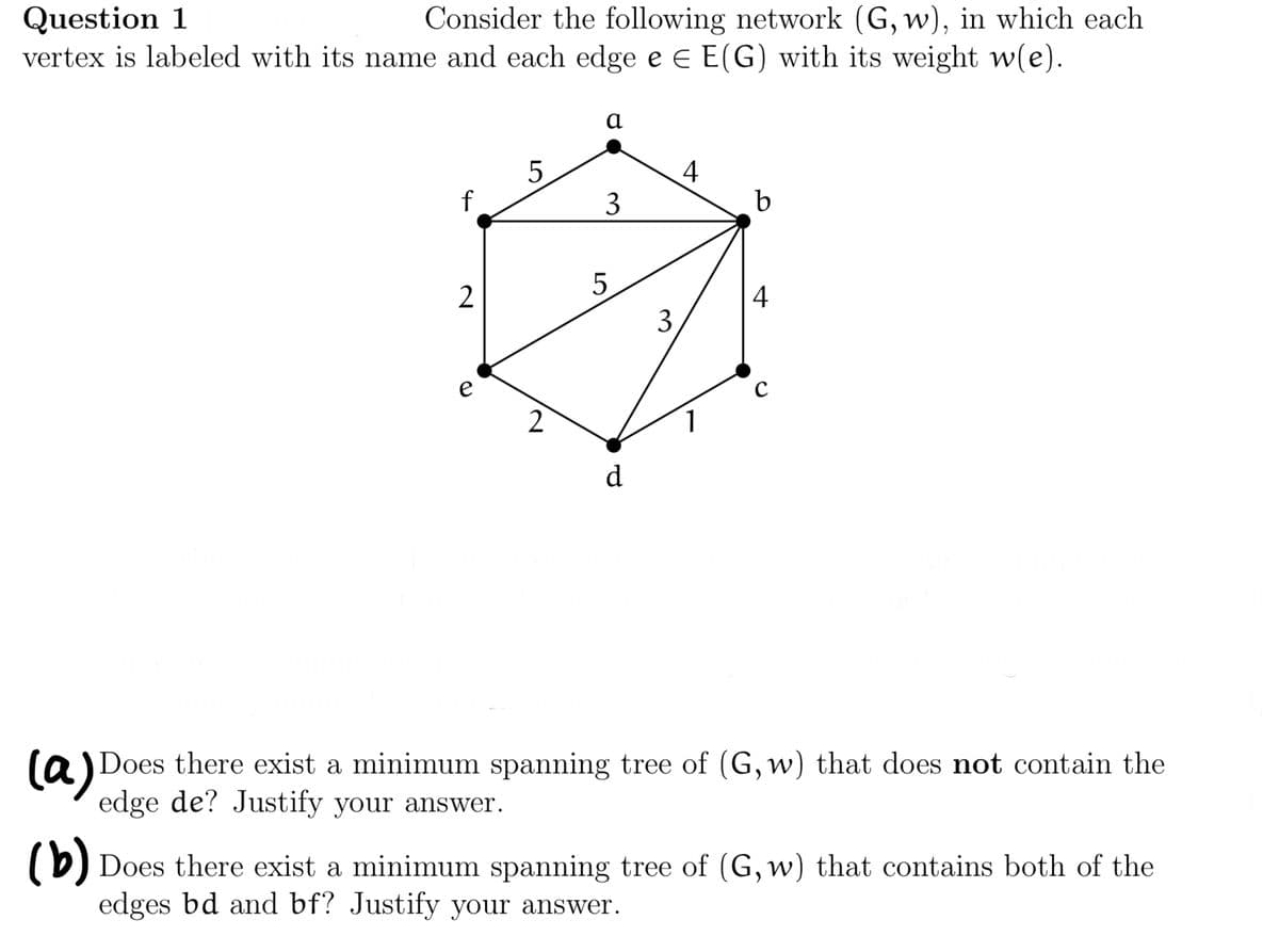 Question 1
Consider the following network (G, w), in which each
vertex is labeled with its name and each edge e = E(G) with its weight w(e).
f
2
e
5
2
α
3
5
d
3
4
b
4
(a)Does there exist a minimum spanning tree of (G, w) that does not contain the
edge de? Justify your answer.
(b) Does there exist a minimum spanning tree of (G, w) that contains both of the
edges bd and bf? Justify your answer.