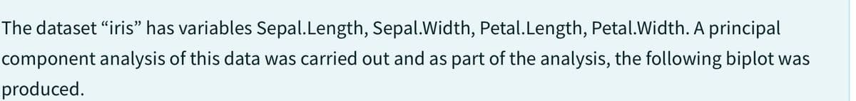 The dataset “iris” has variables Sepal.Length, Sepal.Width, Petal.Length, Petal.Width. A principal
component analysis of this data was carried out and as part of the analysis, the following biplot was
produced.