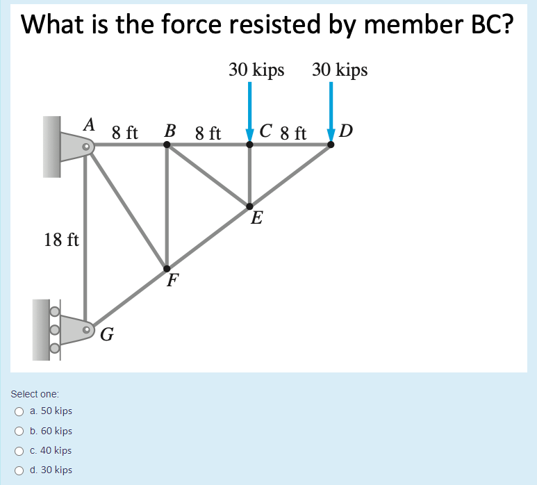 What is the force resisted by member BC?
30 kips
30 kips
A 8 ft
B 8 ft C &8 ft D
E
18 ft
G
Select one:
a. 50 kips
O b. 60 kips
Ос 40 kips
d. 30 kips
