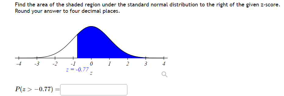 Find the area of the shaded region under the standard normal distribution to the right of the given z-score.
Round your answer to four decimal places.
-3 -2
P(z > -0.77)
-1
z = -0.77
0
Z
1
2
3
4
Q