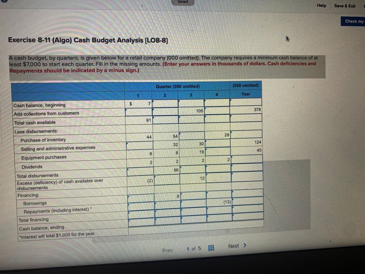 Saved
Help
Save & Exit
Check my
Exercise 8-11 (Algo) Cash Budget Analysis [LO8-8]
A cash budget, by quarters, is given below for a retail company (000 omitted). The company requires a minimum cash balance of at
least $7,000 to start each quarter. Fill in the missing amounts. (Enter your answers in thousands of dollars. Cash deficiencies and
Repayments should be indicated by a minus sign.)
Quarter (000 omitted)
(000 omitted)
1
2.
3
4
Year
Cash balance, beginning
$.
7.
105
378
Add collections from customers
91
Total cash available
Less disbursements:
44
54
28
Purchase of inventory
124
32
30
Selling and administrative expenses
45
8.
8.
19
Equiphent purchases
21
2.
Dividends
96
Total disbursements
12
Excess (deficiency) of cash available over
disbursements
(2)
Financing:
Borrowings
Repayments (including interest) *
8.
(13)
Total financing
Cash balance, ending
"Interest will total S1,000 for the year.
Next >
Prev
1 of 5
2.
2.
%24
