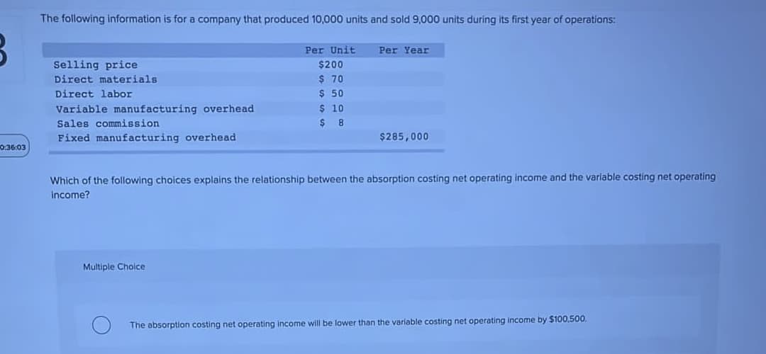 The following information is for a company that produced 10,000 units and sold 9,000 units during its first year of operations:
Per Unit
Per Year
Selling price
Direct materials
$200
$ 70
$ 50
Direct labor
$ 10
$ 8
Variable manufacturing overhead
Sales commission
Fixed manufacturing overhead
$285,000
0:36:03
Which of the following choices explains the relationship between the absorption costing net operating income and the variable costing net operating
Income?
Multiple Choice
The absorption costing net operating income will be lower than the variable costing net operating income by $100,500.
