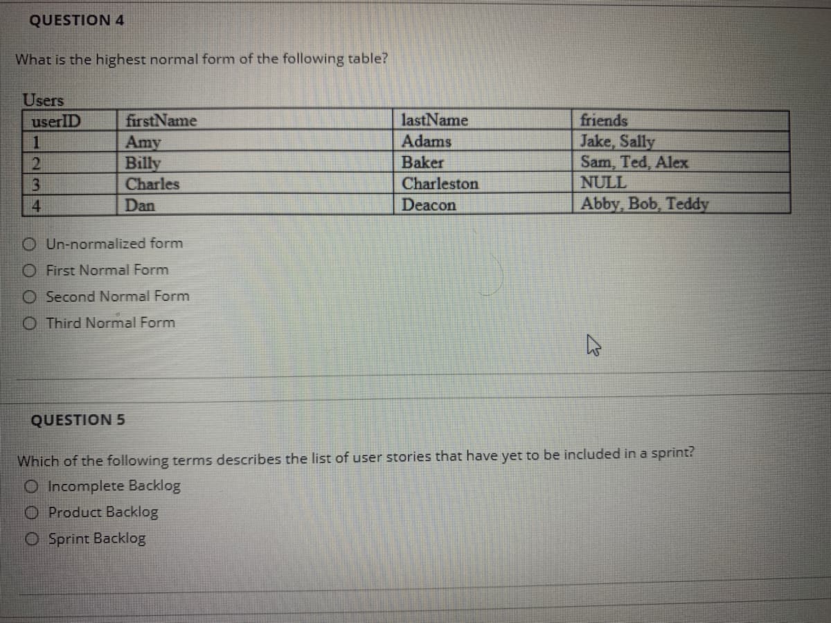 QUESTION 4
What is the highest normal form of the following table?
Users
userlD
firstName
lastName
friends
Jake, Sally
Sam, Ted, Alex
NULL
Adams
Amy
Billy
Charles
Baker
3)
Charleston
Deacon
4
Dan
Abby, Bob, Teddy
Un-normalized form
O First Normal Form
O Second Normal Form
O Third Normal Form
QUESTION 5
Which of the following terms describes the list of user stories that have yet to be included in a sprint?
O Incomplete Backlog
O Product Backlog
O Sprint Backlog
