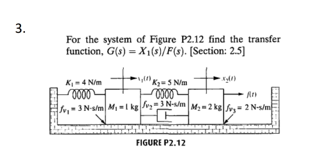 For the system of Figure P2.12 find the transfer
function, G(s) =X1(s)/F(s). [Section: 2.5]
3.
K2= 5 N/m
K, = 4 N/m
%3D
, = 3 N-s/m M =I kg Jv2=3 N-s/m M2 = 2 kg|fv,= 2 N-s/m
FIGURE P2.12
