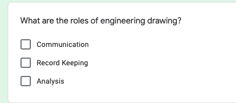 What are the roles of engineering drawing?
Communication
Record Keeping
Analysis
