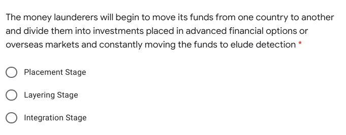 The money launderers will begin to move its funds from one country to another
and divide them into investments placed in advanced financial options or
overseas markets and constantly moving the funds to elude detection *
Placement Stage
Layering Stage
Integration Stage
