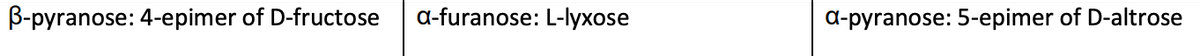 B-pyranose: 4-epimer of D-fructose
a-furanose: L-lyxose
a-pyranose: 5-epimer of D-altrose
