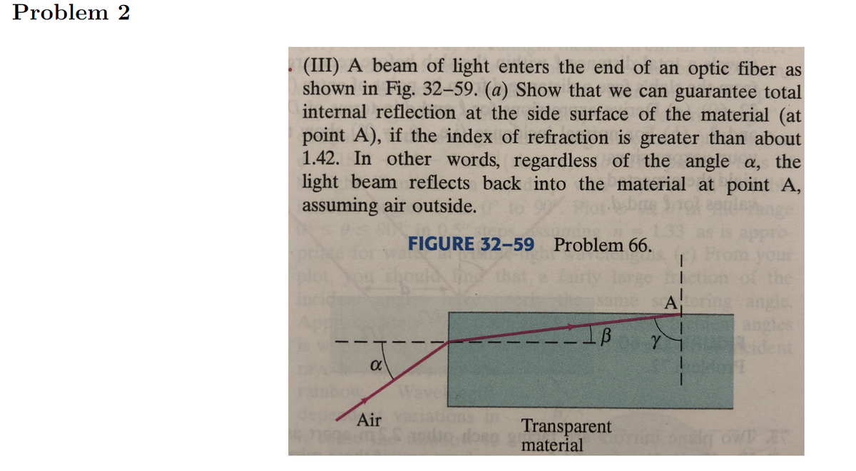 Problem 2
. (III) A beam of light enters the end of an optic fiber as
shown in Fig. 32-59. (a) Show that we can guarantee total
internal reflection at the side surface of the material (at
point A), if the index of refraction is greater than about
1.42. In other words, regardless of the angle a, the
light beam reflects back into the material at point A,
assuming air outside.
FIGURE 32-59 Problem 66.
A
B
L ident
Air
Transparent
o dose material
