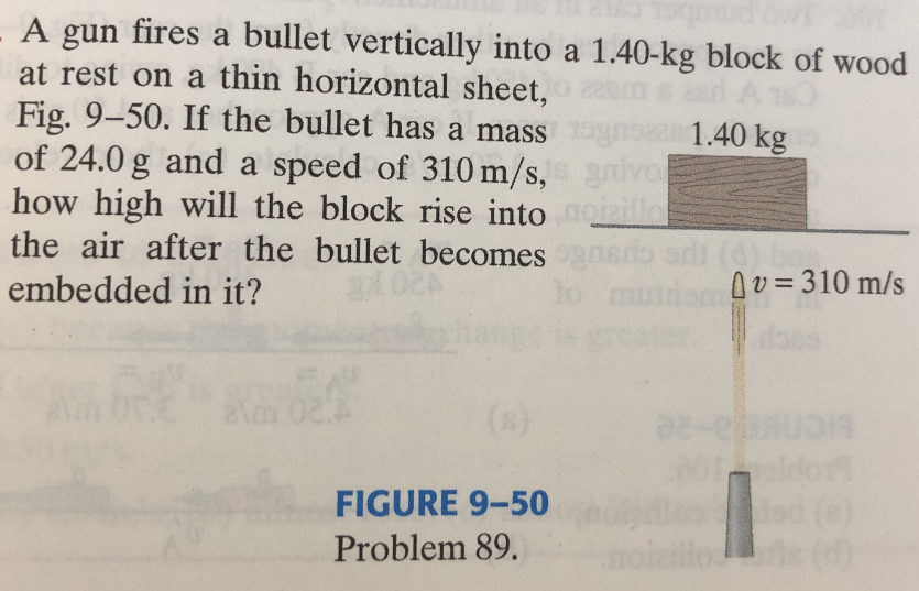 A gun fires a bullet vertically into a 1.40-kg block of wood
at rest on a thin horizontal sheet,
Fig. 9-50. If the bullet has a mass
of 24.0 g and a speed of 310m/s, nivo
how high will the block rise into
the air after the bullet becomes
1.40 kg
(d) bo
Ov = 310 m/s
embedded in it?
(8)
0ldor
FIGURE 9-50
Problem 89.
