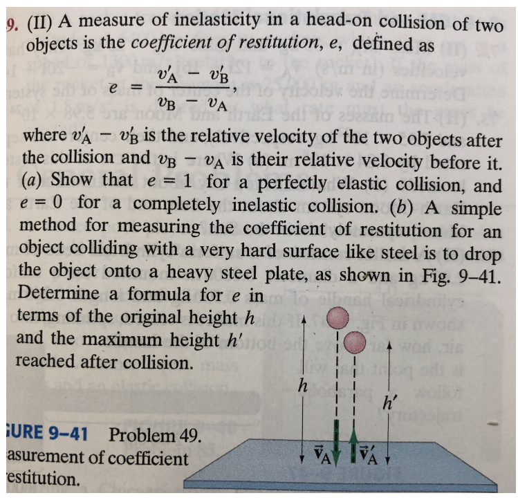 9. (II) A measure of inelasticity in a head-on collision of two
objects is the coefficient of restitution, e, defined as
VA – v
e =
VB
VA
-
where v'a - vB is the relative velocity of the two objects after
the collision and vB - VA is their relative velocity before it.
(a) Show that e = 1 for a perfectly elastic collision, and
e = 0 for a completely inelastic collision. (b) A simple
method for measuring the coefficient of restitution for an
object colliding with a very hard surface like steel is to drop
the object onto a heavy steel plate, as shown in Fig. 9-41.
Determine a formula for e in
%3|
%3D
terms of the original height h
and the maximum height h'
reached after collision.
h'
IURE 9-41 Problem 49.
VA IVA
asurement of coefficient
estitution.
