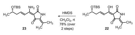 OTBS
NH2
OTBS
OH O
HMDS
H3C
NH
H;C
'NH
CH,Cl2, rt
78% (over
2 steps)
-CH3
H3C
CH3
23
H3C
22
