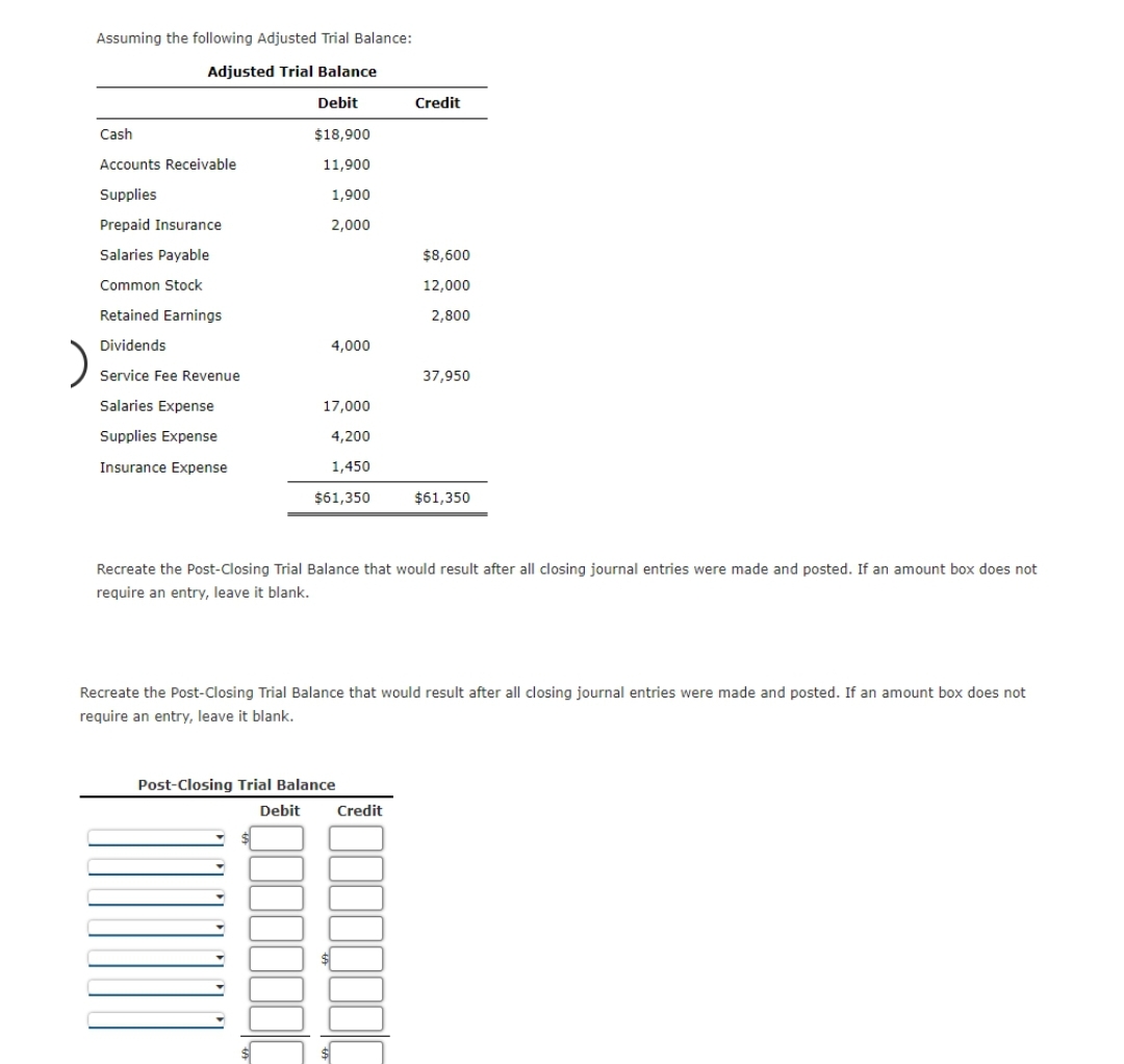 Assuming the following Adjusted Trial Balance:
Adjusted Trial Balance
Debit
Cash
$18,900
Accounts Receivable
11,900
Supplies
1,900
Prepaid Insurance
2,000
Salaries Payable
$8,600
Common Stock
12,000
Retained Earnings
2,800
Dividends
4,000
Service Fee Revenue
37,950
Salaries Expense
17,000
Supplies Expense
4,200
Insurance Expense
1,450
$61,350
$61,350
Recreate the Post-Closing Trial Balance that would result after all closing journal entries were made and posted. If an amount box does not
require an entry, leave it blank.
Recreate the Post-Closing Trial Balance that would result after all closing journal entries were made and posted. If an amount box does not
require an entry, leave it blank.
Post-Closing Trial Balance
Debit
Credit
Credit