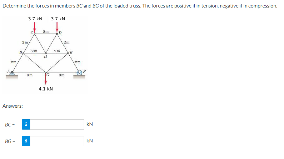 Determine the forces in members BC and BG of the loaded truss. The forces are positive if in tension, negative if in compression.
A
2m,
BC =
2m
Answers:
BG=
Bd
i
3.7 KN
3m
i
2m
2m
H
|Ch
G
3.7 KN
4.1 KN
D
2m
2m
3m
E
2m
kN
KN