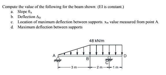 Compute the value of the following for the beam shown: (EI is constant.)
a. Slope A
b. Deflection Ap
c. Location of maximum deflection between supports. Xm value measured from point A.
d. Maximum deflection between supports
3 m-
48 kN/m
B
-2m-1m-