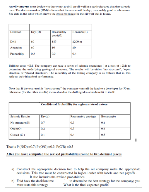 An oil company must decide whether or not to drill an oil well in a particular area that they already
own. The decision maker (DM) believes that the area could be dry, reasonably good or a bonanza.
See data in the table which shows the gross revenues for the oil well that is found.
Decision
Drill
$0
Abandon
$0
Probability 0.3
Dry (D)
Seismic Results
No structure(N)
Open(0)
Closed (C)
Drilling costs 40M. The company can take a series of seismic soundings (at a cost of 12M) to
determine the underlying geological structure. The results will be either "no structure", "open
structure or "closed structure". The reliability of the testing company is as follows that is, this
reflects their historical performance.
Reasonably
good(G)
$85
$0
0.3
Note that if the test result is "no structure" the company can sell the land to a developer for 50 m.
otherwise (for the other results) it can abandon the drilling idea at no benefit to itself.
Dry(d)
0.7
0.2
Bonanza(B)
0.1
$200 m
SO
0.4
Conditional Probability for a given state of nature
b) Fold back the decision tree
must state this strategy
Reasonably good(g)
0.3
0.3
0.4
Bonanza(b)
0.1
0.4
0,5
That is P (N/D)=0.7;P (O/G)=0.3, P(C/B)=0.5
After you have computed the revised probabilities round to two decimal places
a) Construct the appropriate decision tree to help the oil company make the appropriate
decisions. This tree must be constructed in logical order with labels and net payoffs
It also includes the revised probabilities
to determine the best strategy for the company; you
What is the final expected profit?