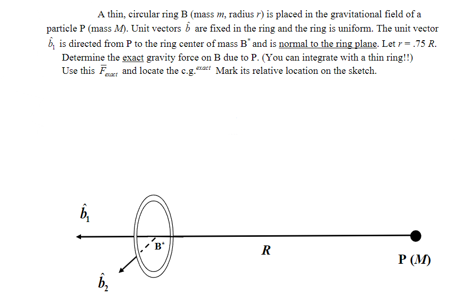 A thin, circular ring B (mass m, radius r) is placed in the gravitational field of a
particle P (mass M). Unit vectors ô are fixed in the ring and the ring is uniform. The unit vector
bis directed from P to the ring center of mass B* and is normal to the ring plane. Let r = .75 R.
Determine the exact gravity force on B due to P. (You can integrate with a thin ring!!)
Use this F and locate the c.g.exact Mark its relative location on the sketch.
exact
b₂
D
B*
b,
R
P (M)