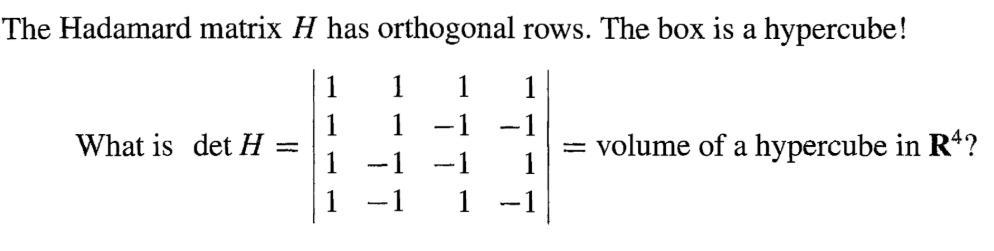 The Hadamard matrix H has orthogonal rows. The box is a hypercube!
1
What is det H
==
1
1
1
1
-1 -1
=
volume of a hypercube in R4?