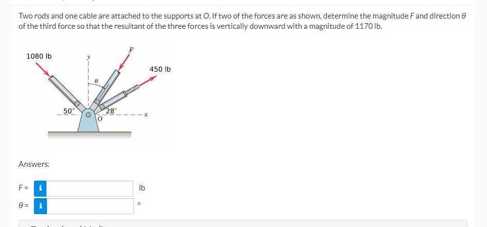 Two rods and one cable are attached to the supports at O. If two of the forces are as shown, determine the magnitude F and direction
of the third force so that the resultant of the three forces is vertically downward with a magnitude of 1170 lb.
1080 lb
450 lb
28°
Answers:
F=
i
0 =
50°
O
10
lb