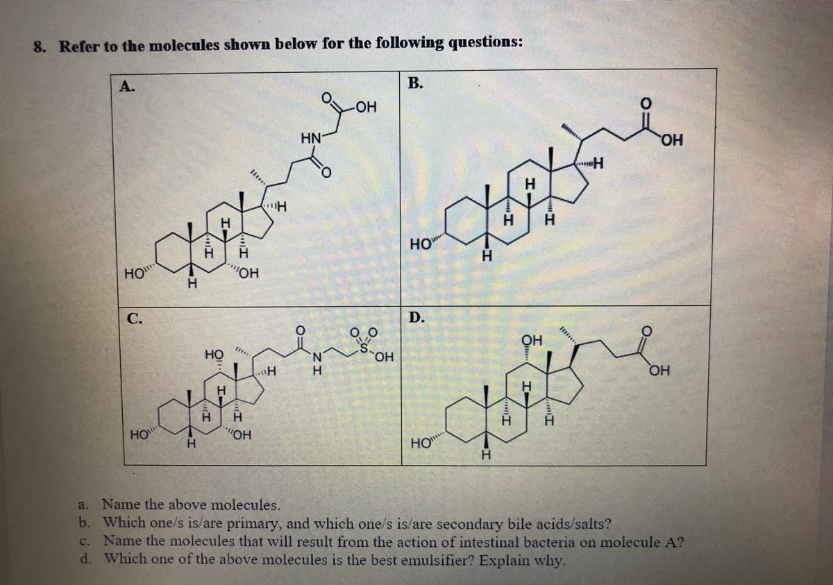 8. Refer to the molecules shown below for the following questions:
А.
В.
HO-
HN-
HO
Il.
H
H
HO
H
HO
O.,
H.
С.
D.
OH
но
HO,
H
OH
H
H.
H
HO
"OH
HO
a. Name the above molecules.
b. Which one/s is/are primary, and which one/s is/are secondary bile acids/salts?
c. Name the molecules that will result from the action of intestinal bacteria on molecule A?
d. Which one of the above molecules is the best emulsifier? Explain why.
